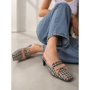 Impo Newby Houndstooth Plaid Bow Kitten Heel Mule Slides 9M Preppy